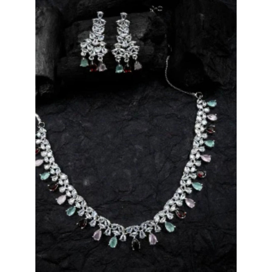 Multicolor brass silver plated necklace set for women, elegant accessory on display