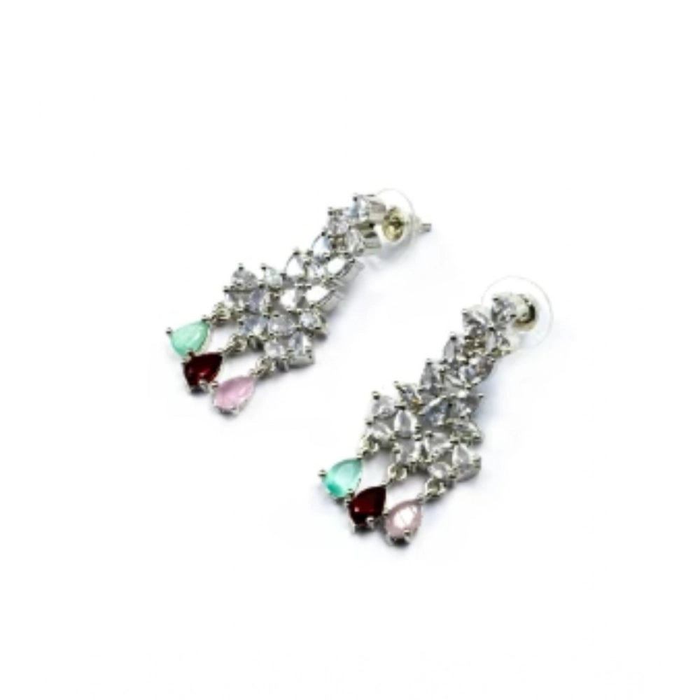 Multicolor brass silver plated necklace set for women, ornate jewelry on display stand
