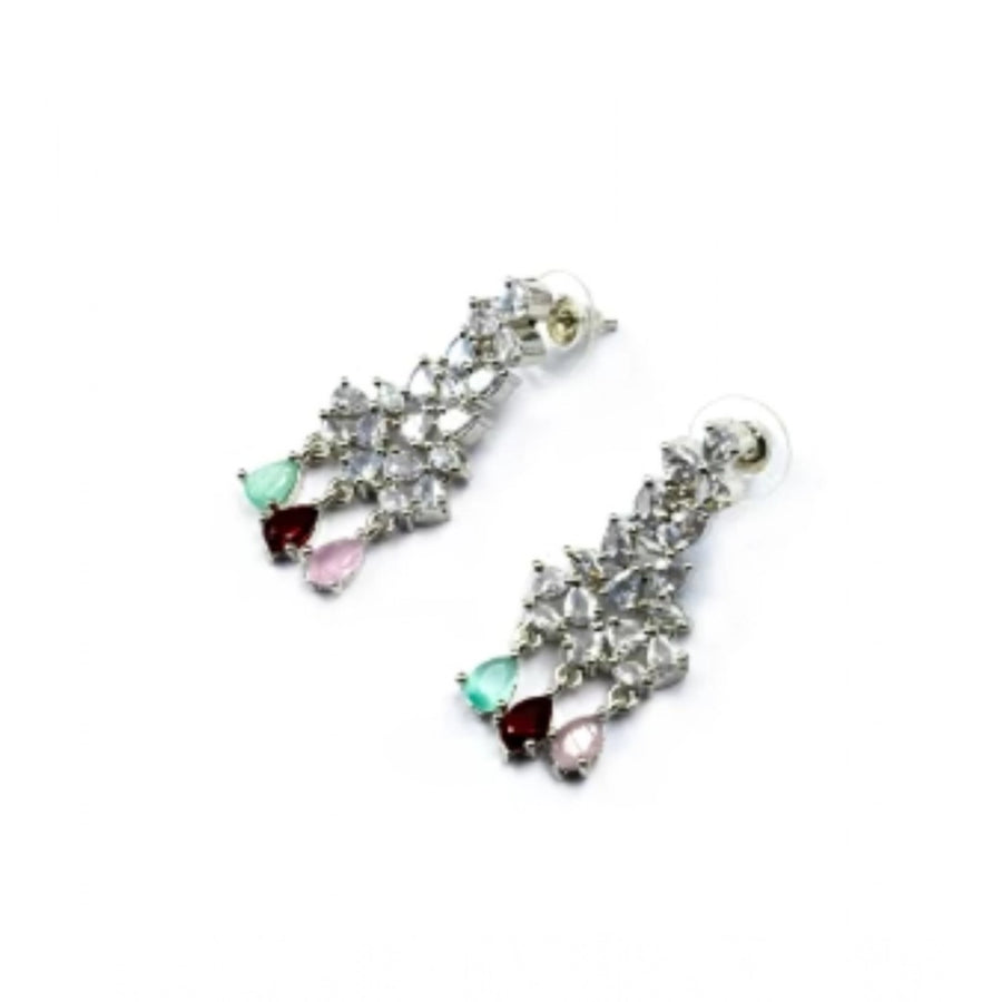 Multicolor brass silver plated necklace set for women, ornate jewelry on display stand