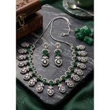 Green brass silver-plated women's necklace set on velvet, delicate jewelry for accessories collection