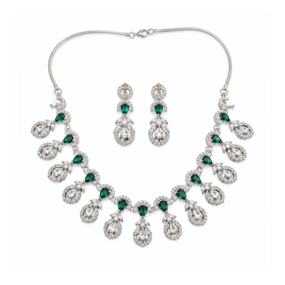 Green brass silver-plated women's necklace set, delicate jewelry accessory on display