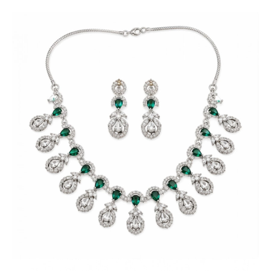 Green brass silver-plated women's necklace set, delicate jewelry accessory on display