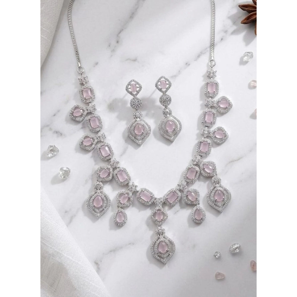 Pink brass silver-plated necklace set for women, delicate jewelry on display