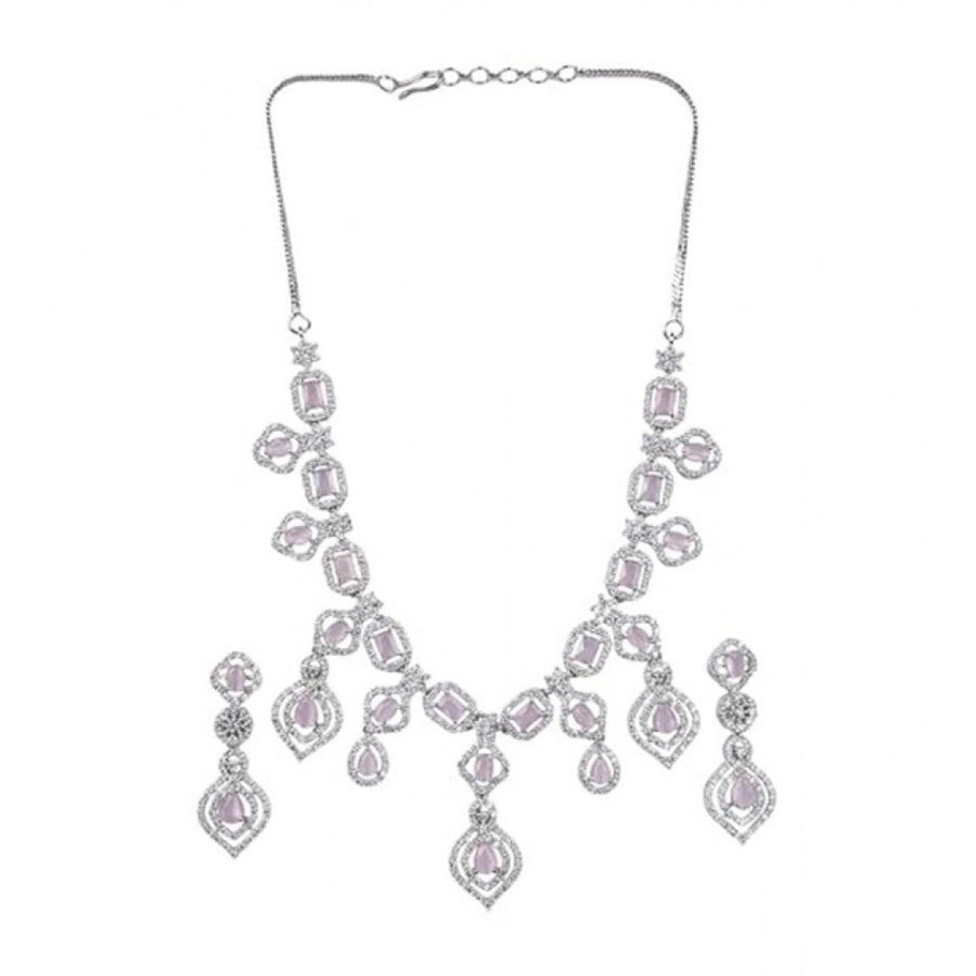 Women's pink brass silver-plated necklace set on display, elegant jewelry accessory for special occasions