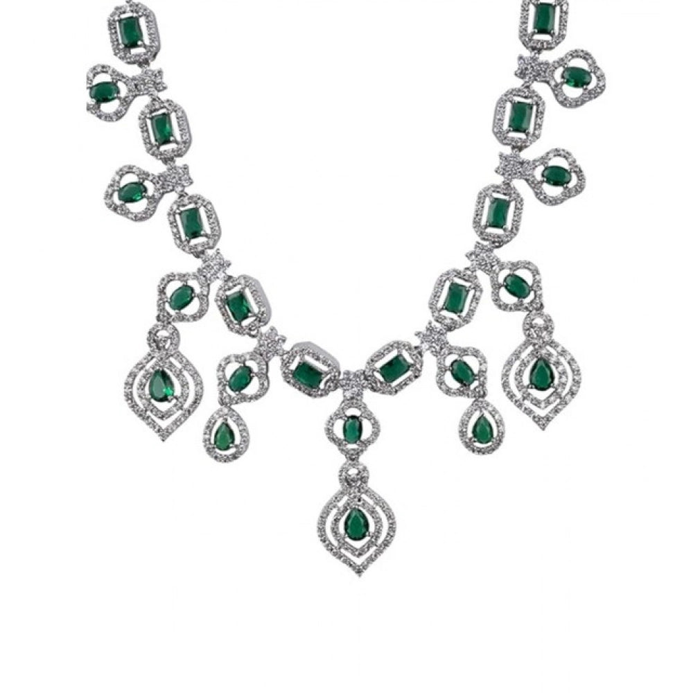 Green brass silver plated necklace set for women, elegant accessory on display stand
