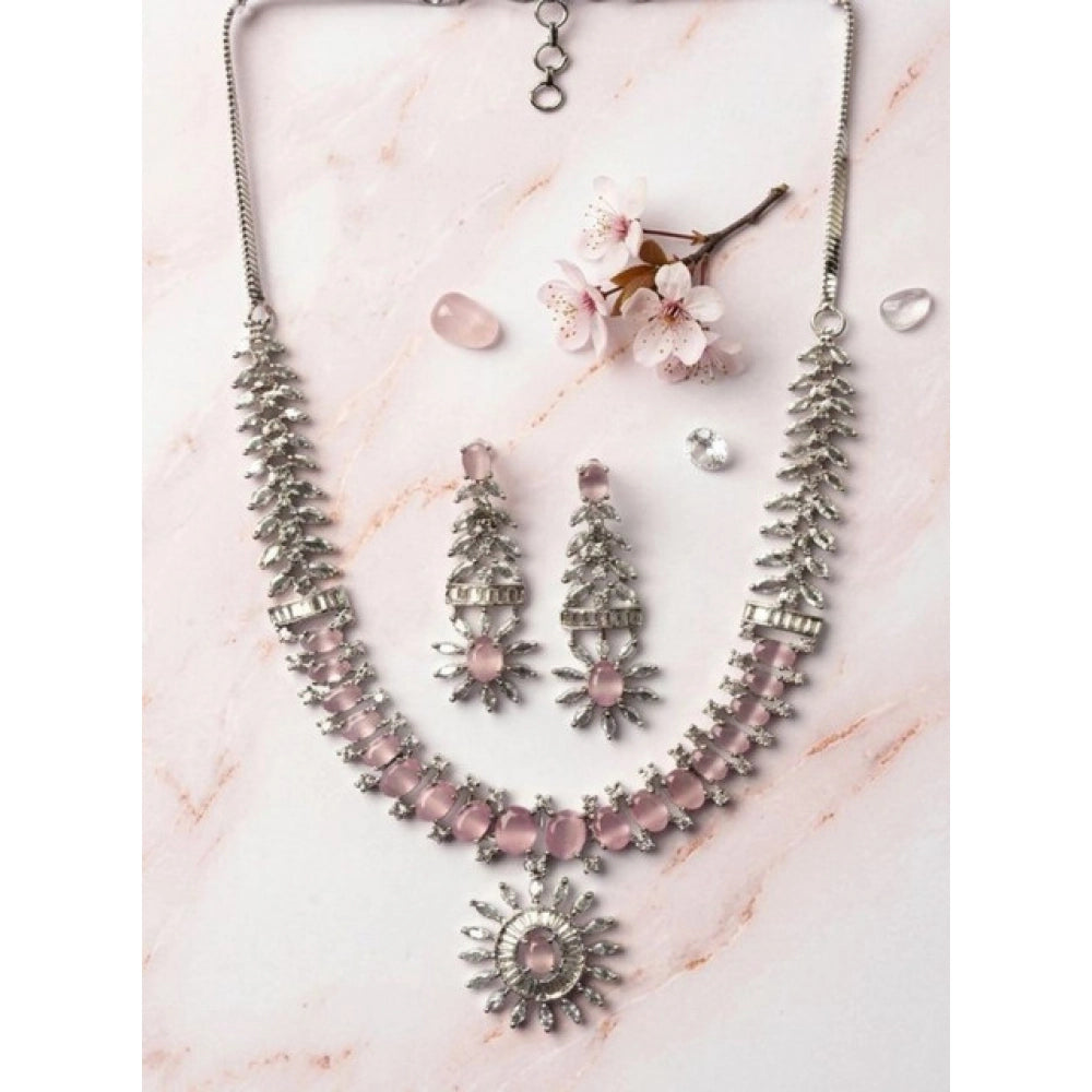 Pink brass silver plated necklace set for women, delicate jewelry on display stand