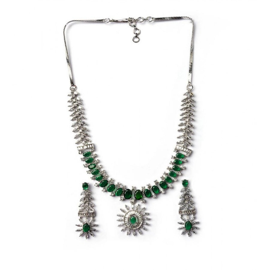Green brass silver-plated necklace set for women, elegant jewelry accessories on display