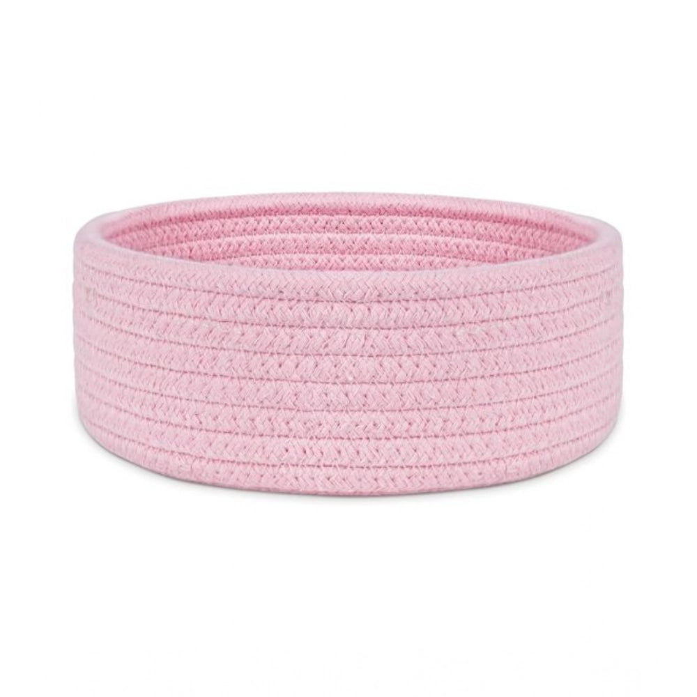 Pink cotton round bedside organizer (8x3 inches), multi-purpose storage solution for bathroom, living room, kitchen, or kids toys