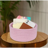 Pink cotton bedside organizer, 8x3 inch round without lid, multi-purpose home storage solution