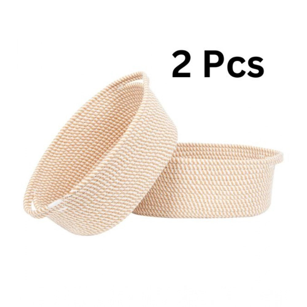Beige cotton oval storage baskets (2pcs 10x7x4in), versatile for bathroom, living room, kitchen, kids toys & clothes organization