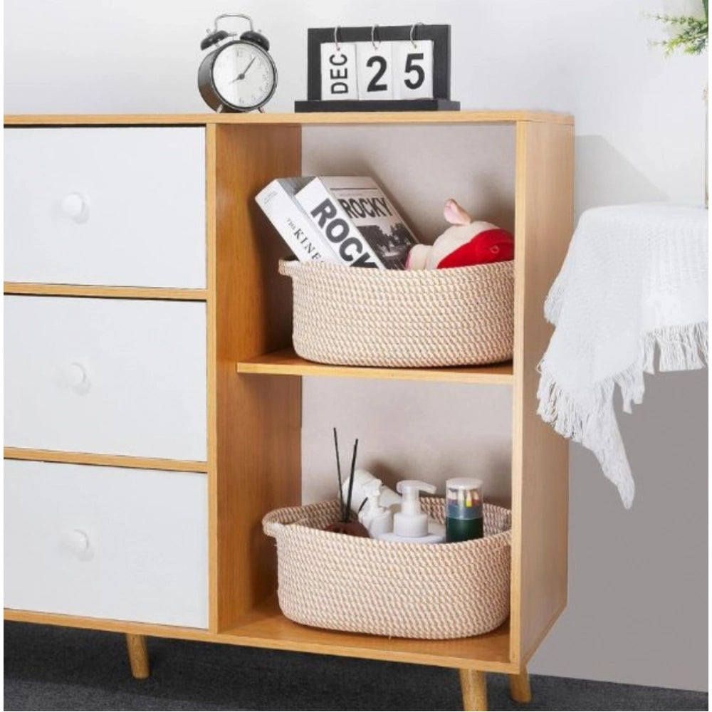 Beige cotton 2-piece oval storage baskets (10x7x4 inches), ideal for organizing clothes & kids toys in bathroom, kitchen, or living room