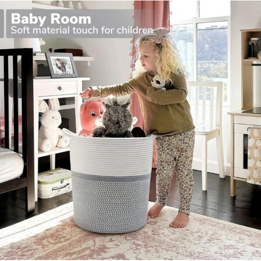 Grey-white cotton multi-purpose laundry basket (12x14 inches), great for organizing toys or clothes in living room, bathroom, or kitchen