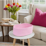 Pink cotton oval storage basket (10x7x5 inches), no lid, multi-purpose organizer for bathroom, living room, kitchen, kids toys, or clothes storage