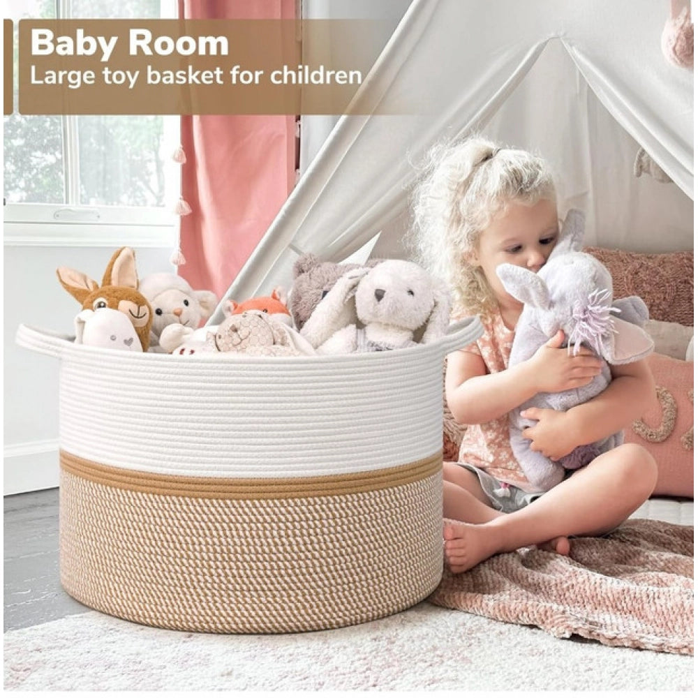 White-Beige-White cotton Dori laundry basket (16x14 inches), no lid - versatile storage solution for home organizing in bathroom, kitchen, or living room