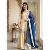 Cream & blue silk embroidered 3/4th sleeve V-neck kurti set with sharara pant and dupatta, traditional Indian women's attire