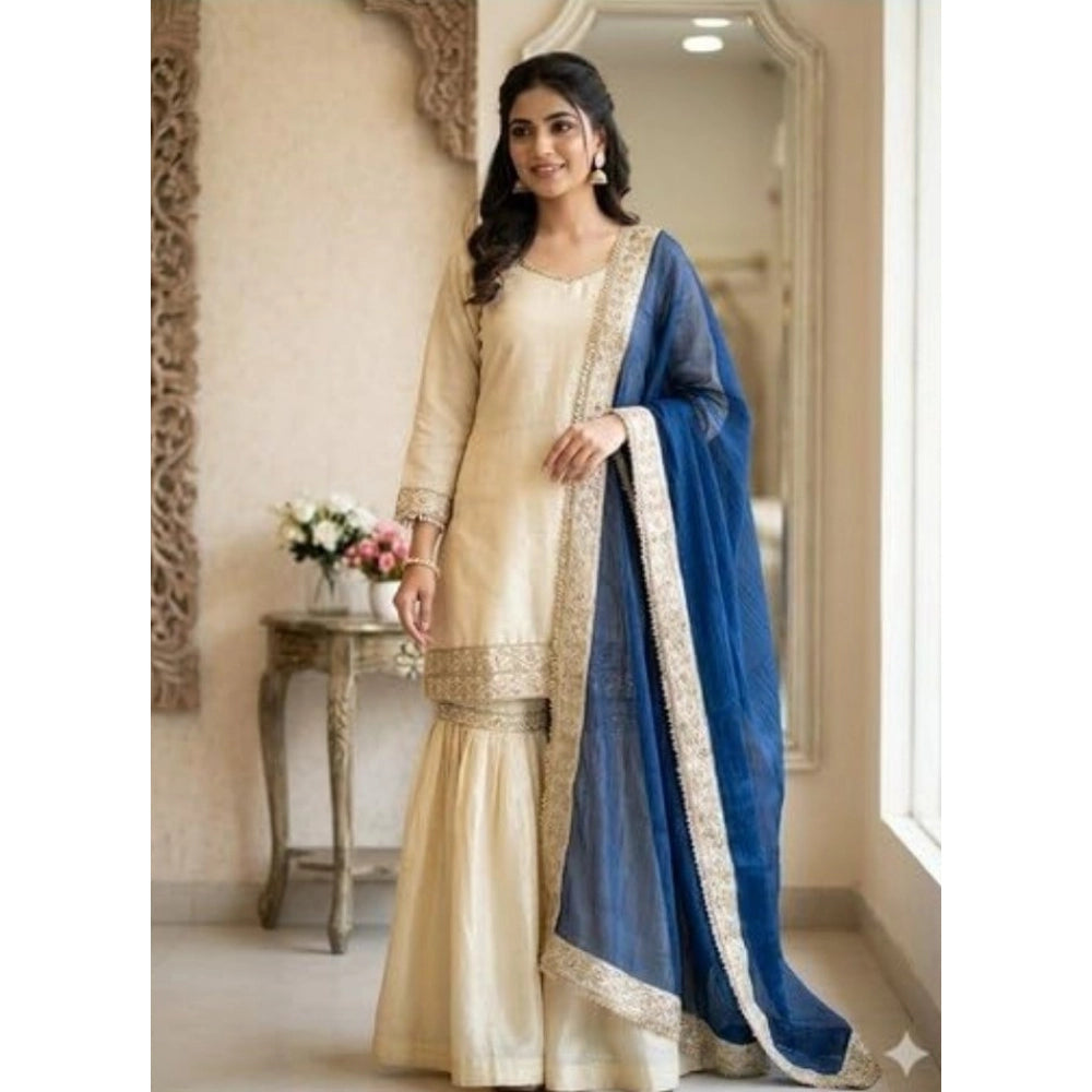 Cream & Blue silk embroidered kurti set with sharara pant and dupatta, featuring a V-neck and 3/4th sleeves
