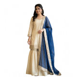 Cream & blue silk embroidered kurti set with sharara pant and dupatta, intricate designs on calf-length v-neck 3/4th sleeve outfit