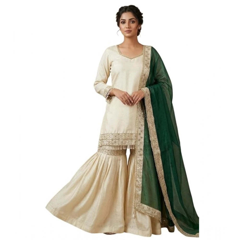Cream & Bottle Green Silk Embroidered V-Neck Kurti Set with Sharara Pant & Dupatta, traditional Indian women's clothing