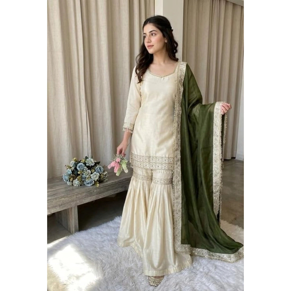 Cream & green silk embroidered kurti set with sharara pant and dupatta, featuring a V-neck and 3/4th sleeves