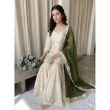 Cream & green silk embroidered kurti set with sharara pant & dupatta, V-neck 3/4th sleeve & calf length