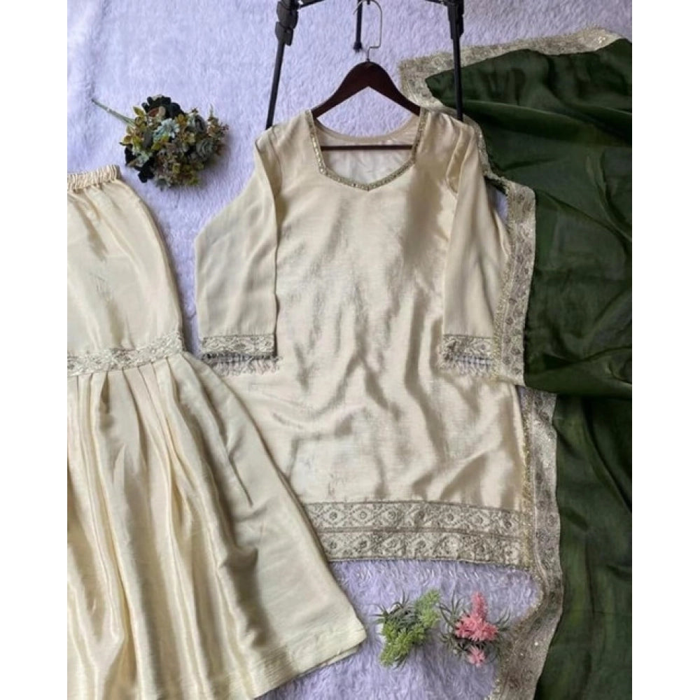Cream & Green silk embroidered kurti set with sharara pant and dupatta, featuring a v-neck and 3/4th sleeves