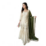 Cream & Green silk embroidered 3/4th sleeve V-neck kurti set with sharara pant and dupatta, traditional Indian women's fashion attire on display