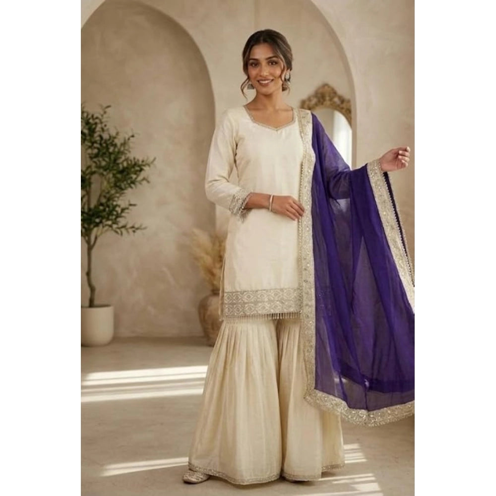 Cream & Purple silk embroidered kurti set with sharara pant and dupatta, featuring a V-neck and 3/4th sleeves