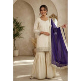 Cream & Purple silk embroidered kurti set with sharara pant and dupatta, featuring a V-neck and 3/4th sleeves