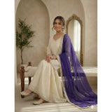 Cream & Purple silk embroidered kurti set with sharara pant & dupatta, v-neck & 3/4th sleeve, suitable for traditional events