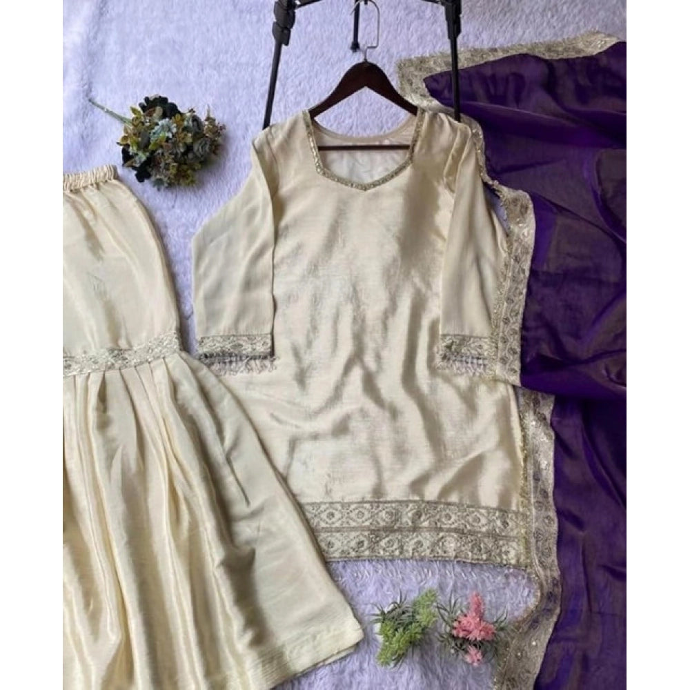 Cream & Purple silk embroidered kurti set with sharara pant and dupatta, intricate patterns on V-neck 3/4th sleeve and calf length skirt