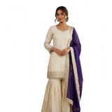 Cream & Purple silk embroidered kurti set with sharara pant and dupatta, intricate V-neck 3/4th sleeve design