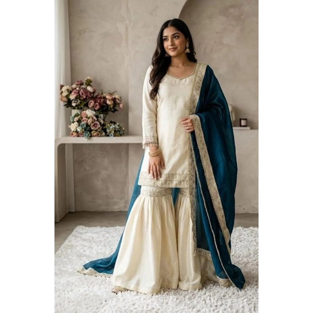 Cream & Teal silk embroidered women's kurti set with sharara pant and dupatta, featuring V-neck and 3/4th sleeves