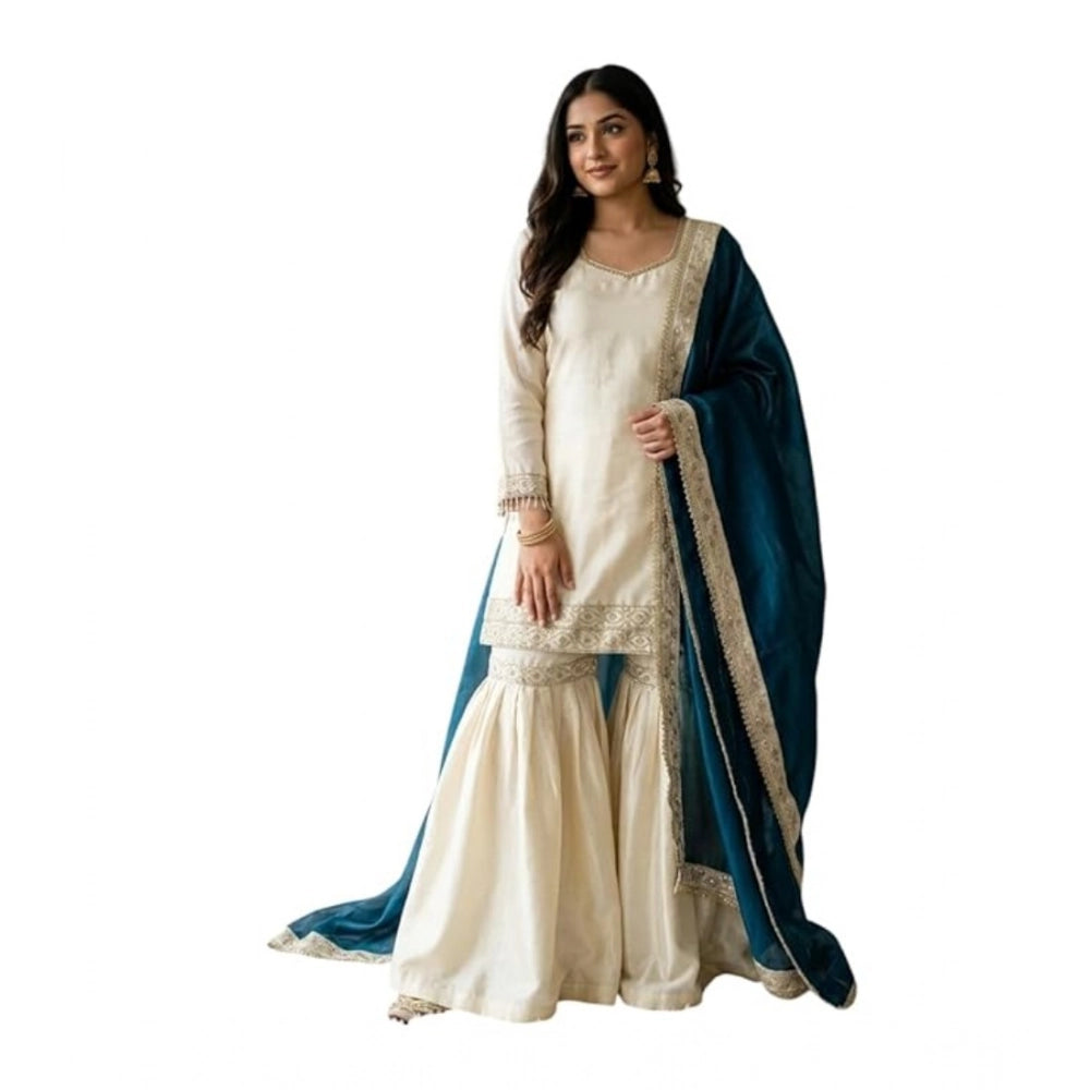 Cream & Teal silk embroidered 3/4th sleeve V-neck kurti set with sharara pant and dupatta, intricate embroidery detail on women's traditional Indian outfit