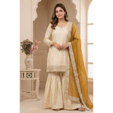 Cream & Yellow silk embroidered kurti set with sharara pant and dupatta, V-neck, 3/4th sleeve, calf length (may vary from images)