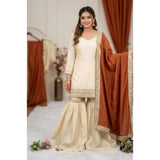 Cream & Orange silk embroidered kurti set with sharara pants and dupatta, featuring a V-neck and 3/4th sleeves