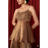 Brown silk embroidered sleeveless round kurti set with palazzo pant and dupatta, featuring intricate patterns on soft silk fabric for women's fashionable traditional wear