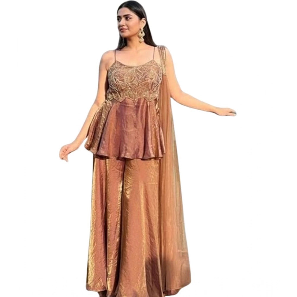 Brown silk embroidered sleeveless round kurti set with palazzo pant and dupatta, featuring intricate floral designs on a solid background