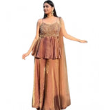 Brown silk embroidered sleeveless round kurti set with palazzo pant and dupatta, featuring intricate floral designs on a solid background