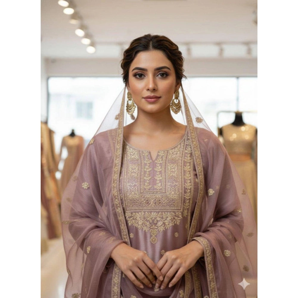 Purple silk embroidered women's kurti set with sharara pant and dupatta, featuring round neck and 3/4th sleeves