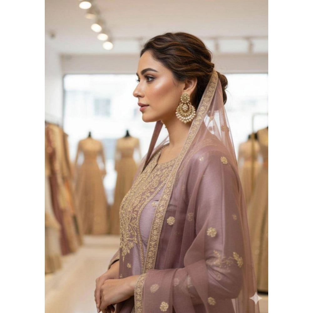 Purple silk embroidered 3/4th sleeve round kurti set with sharara pant and dupatta, intricate silk embroidery detail on calf-length Indian traditional outfit