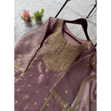 Purple silk embroidered 3/4th sleeve round kurti with sharara pant and dupatta set, intricate silk patterns on women's traditional Indian attire