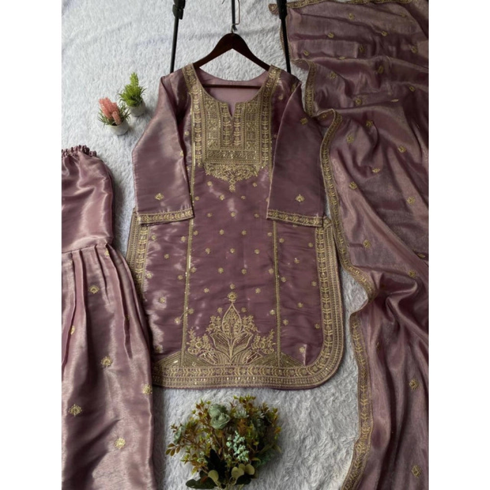 Purple silk embroidered kurti set with sharara pant and dupatta, calf-length round neck 3/4th sleeve, intricate embellishments on display