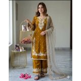 Gold silk embroidered 3/4th sleeve round kurti set with palazzo pant and dupatta, calf-length on model