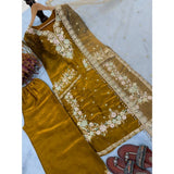 Gold silk embroidered 3/4th sleeve round kurti set with palazzo pant and dupatta, calf-length silken attire for women