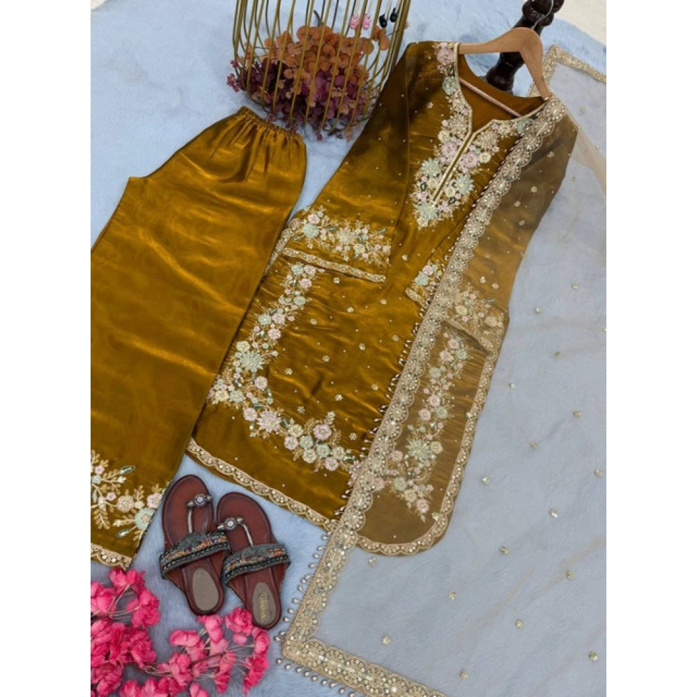 Gold silk embroidered women's 3/4th sleeve round kurti set with palazzo pant and dupatta, calf-length