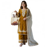 Gold silk embroidered 3/4th sleeve round kurti set with palazzo pant and dupatta, calf length, intricate design on display