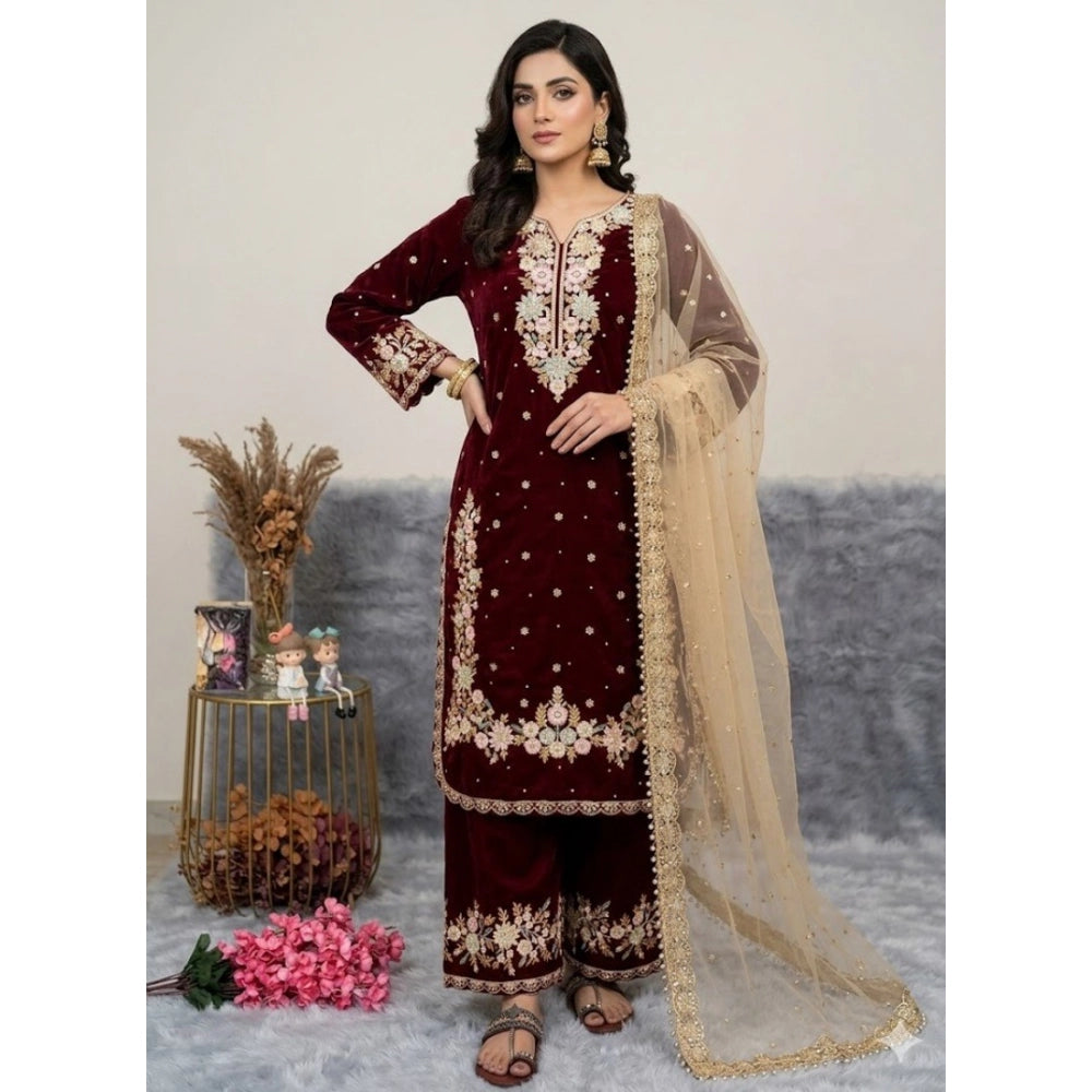 Maroon silk embroidered 3/4th sleeve round kurti set with palazzo pant and dupatta, calf length, intricate designs on display