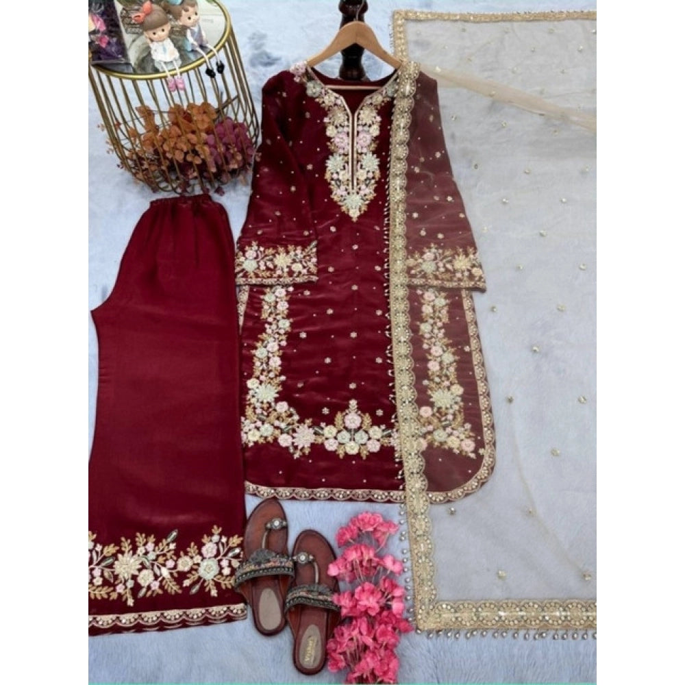 Maroon silk embroidered 3/4th sleeve round kurti set with palazzo pant and dupatta, intricate details visible on close-up view