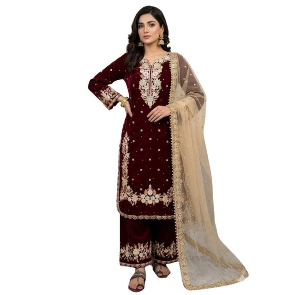 Maroon silk embroidered kurti set with palazzo pant and dupatta, 3/4th sleeve round neck design on display