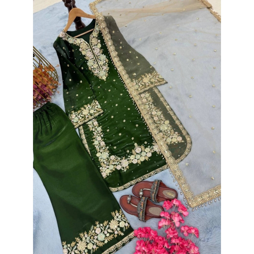 Dark green silk embroidered 3/4th sleeve round kurti set with palazzo pant and dupatta, high-quality traditional Indian women's outfit